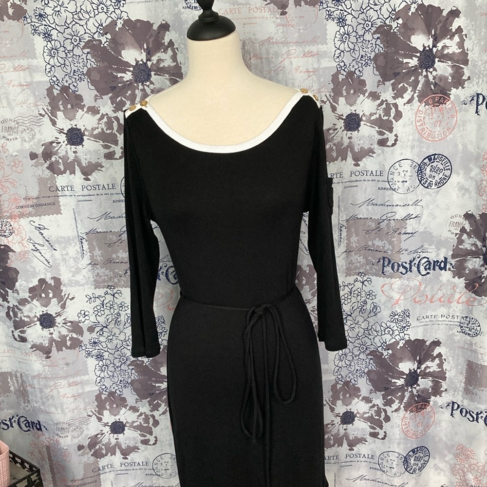 Lauren Ralph Lauren Black Sheath Dress 3/4 Sleeve Scoop Neck with Gold Buttons
